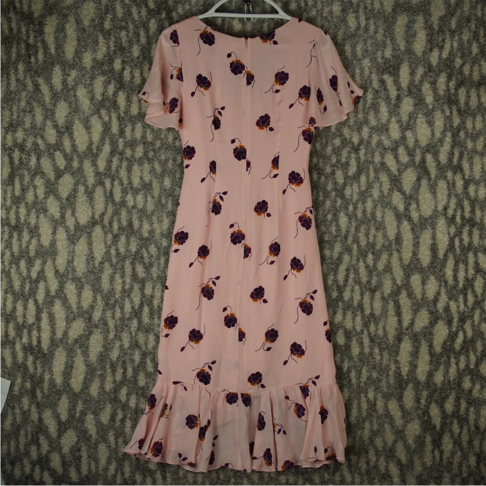 Cinq a Sept Midi Dress Blush Pink Floral Print Ruffle Trim Sz 4 Silk Bow Tie - Picture 2 of 15
